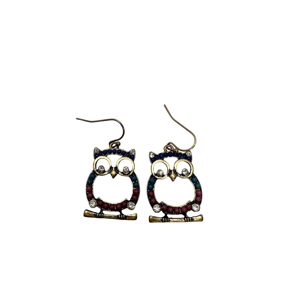 Owl Dangle Earrings Womens Multicolor Rhinestone Gold Tone Fashion